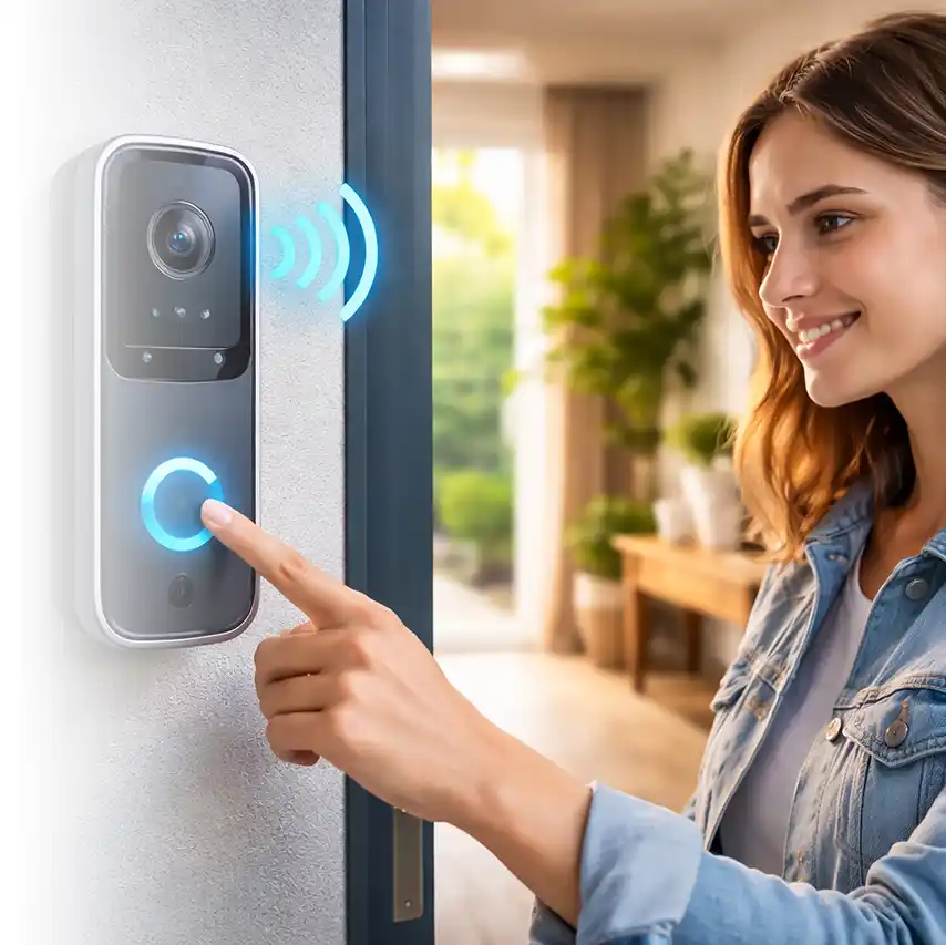 Jeune femme qui sonne à votre porte utilisant l'interphone intégrée